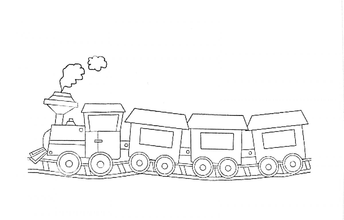 На раскраске изображено: Паровоз, Вагоны, Дым, Поезд, Без колес, Контурные рисунки