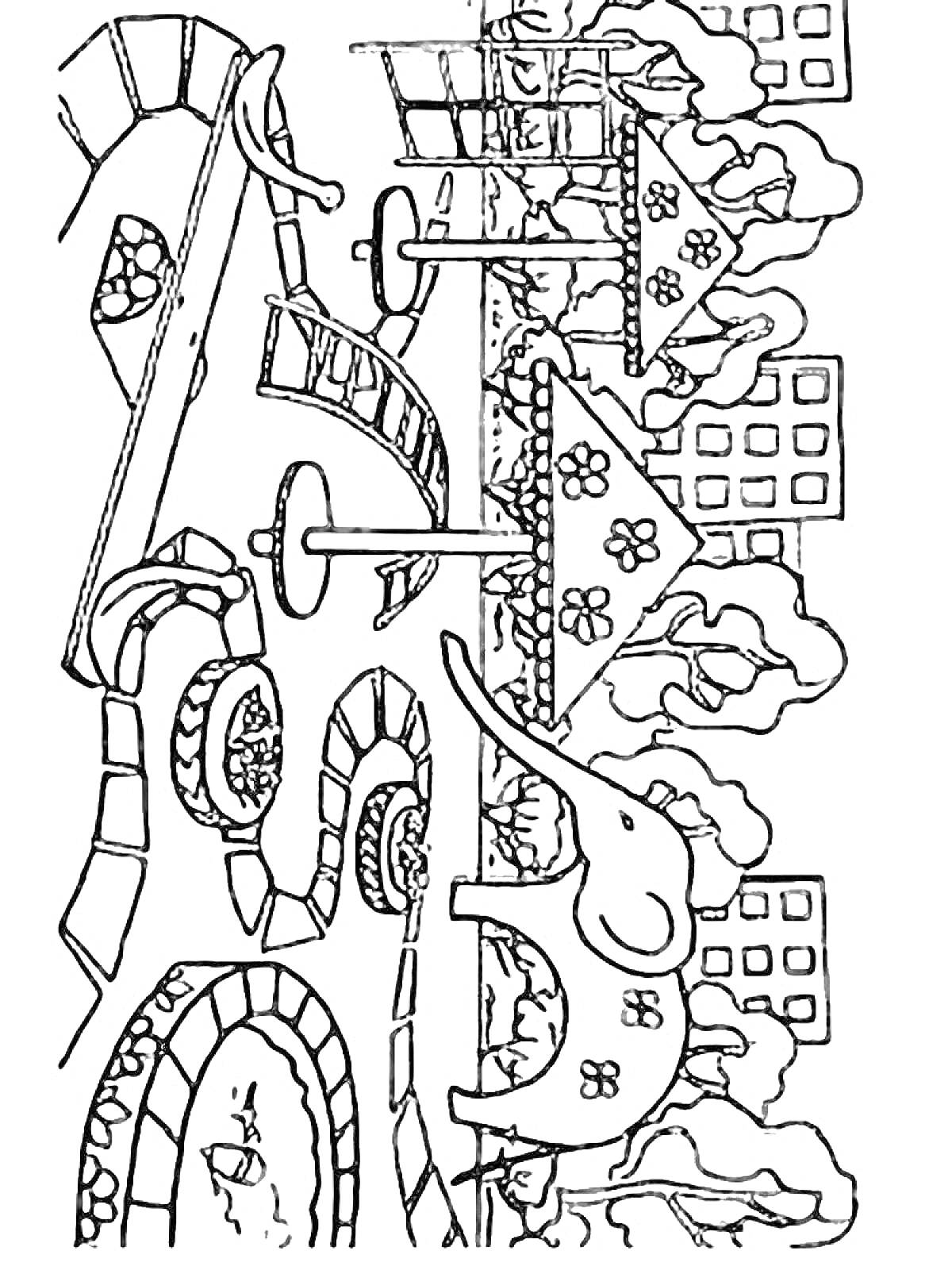 РаскраскаДетская площадка с горками, качелями, слоном, домиками и деревьями