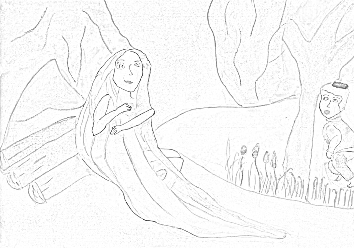 Раскраска Су анасы на бревне у воды, наблюдающая за прячущимся мужчиной среди камышей и деревьев