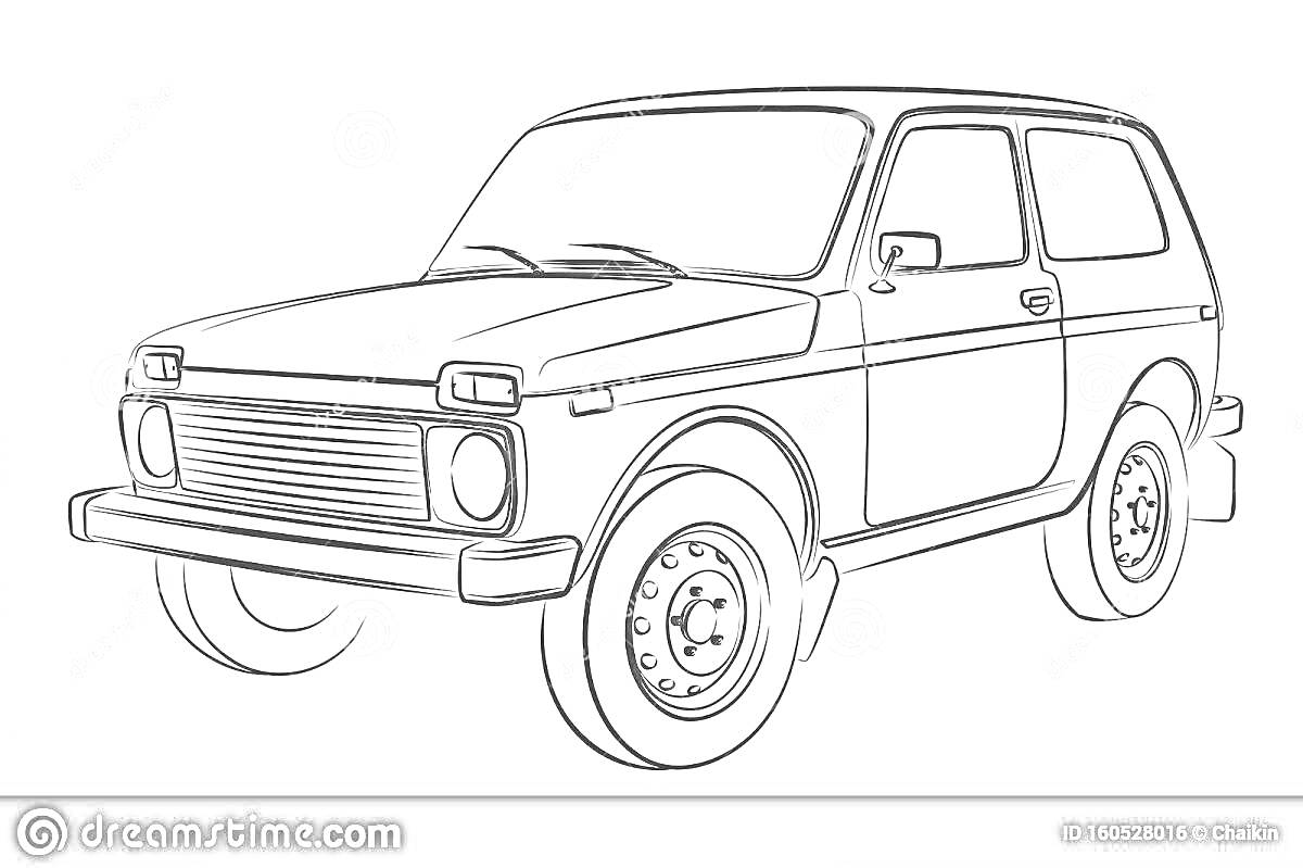 Раскраска Нива Урбан - вид спереди и сбоку, с передними фарами, колесами, зеркалом заднего вида и дверными ручками