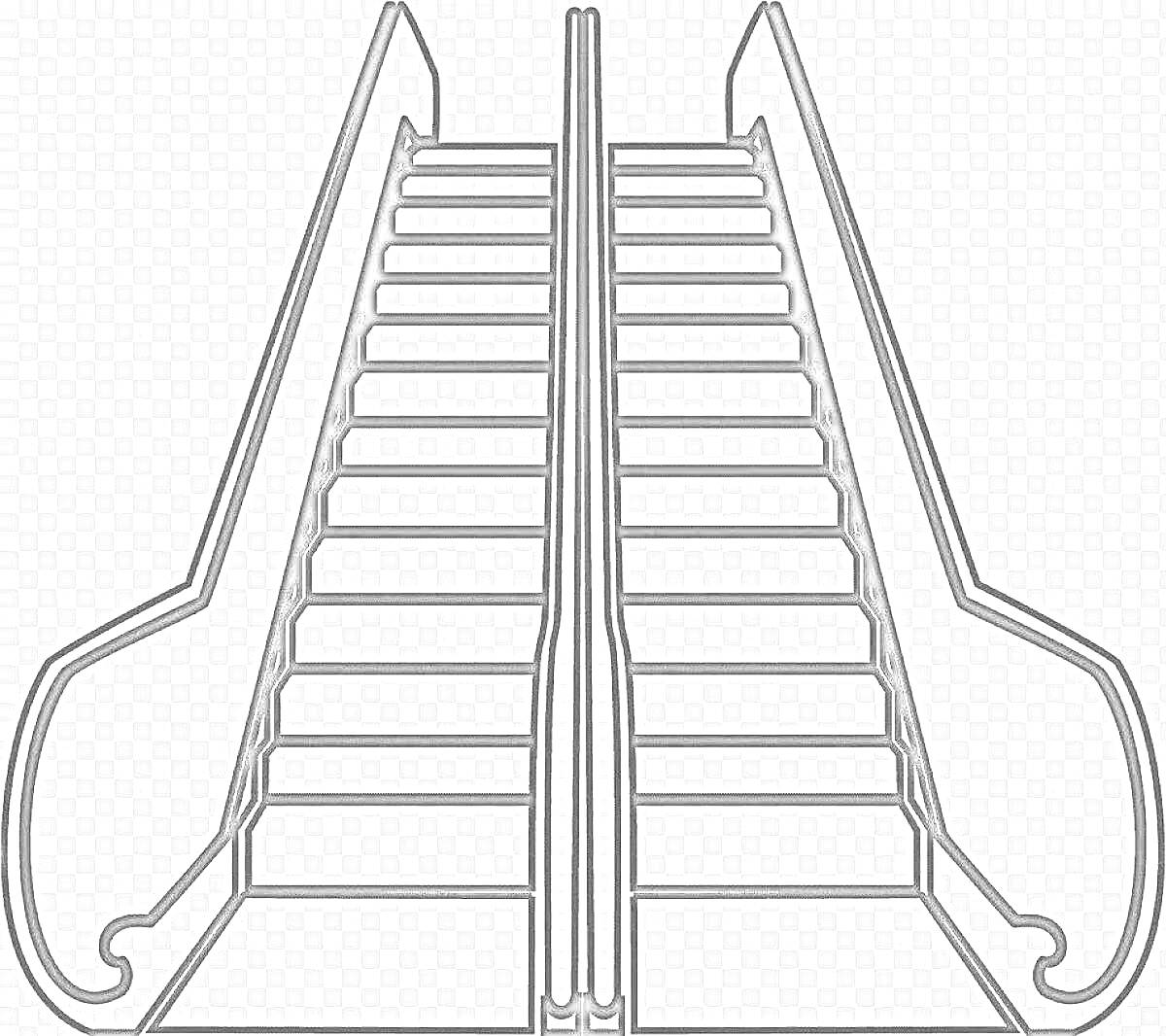 На раскраске изображено: Эскалатор, Лестница, Поручни, Транспорт, Движение, Механика, Инфраструктура