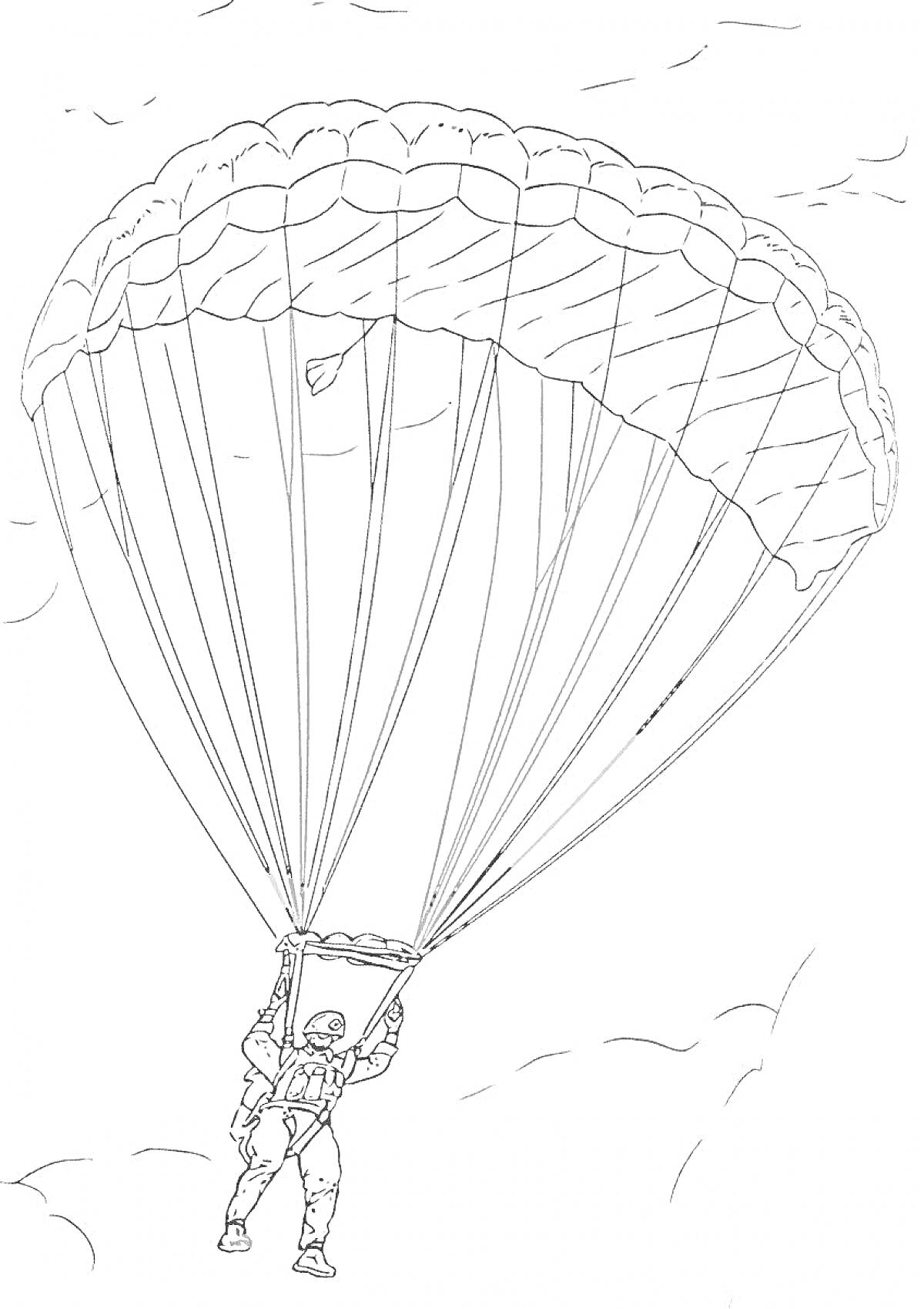 Раскраска Военный парашютист в небе с открытым парашютом и облаками