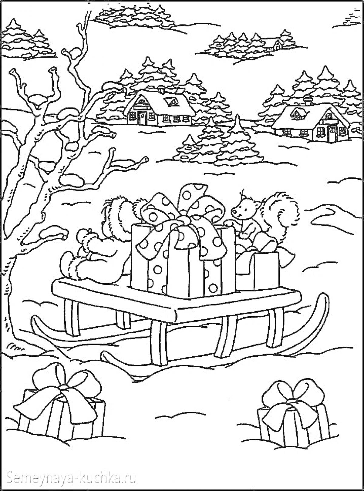 На раскраске изображено: Рождество, Подарки, Белка, Зима, Снег, Деревья, Деревня, Домик, Праздники, Сани