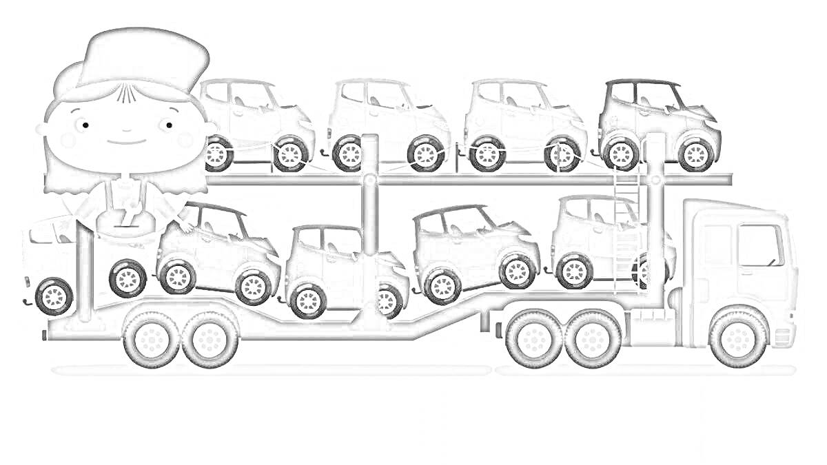 Раскраска Доктор Машинкова с автовозом, перевозящим маленькие машинки