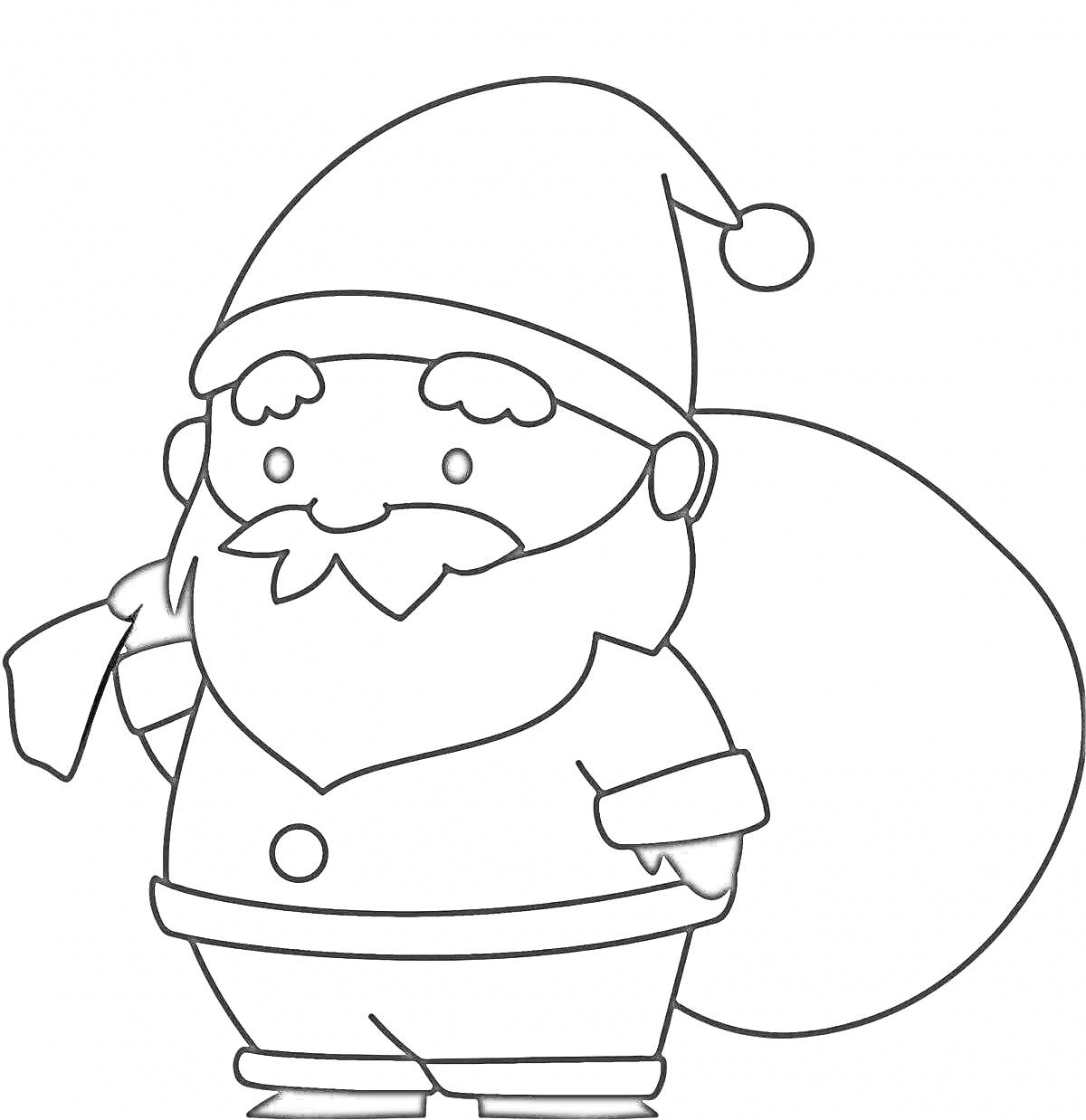 Раскраска Дед Мороз маленький с мешком подарков