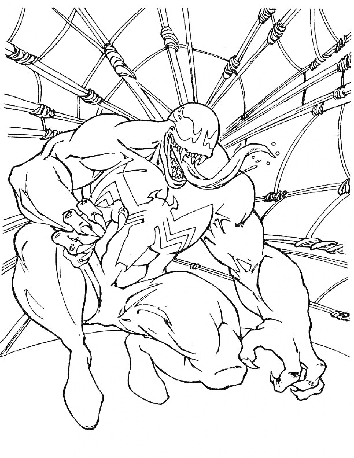 Раскраска Человек в костюме с пауком на груди и паутиной на заднем плане