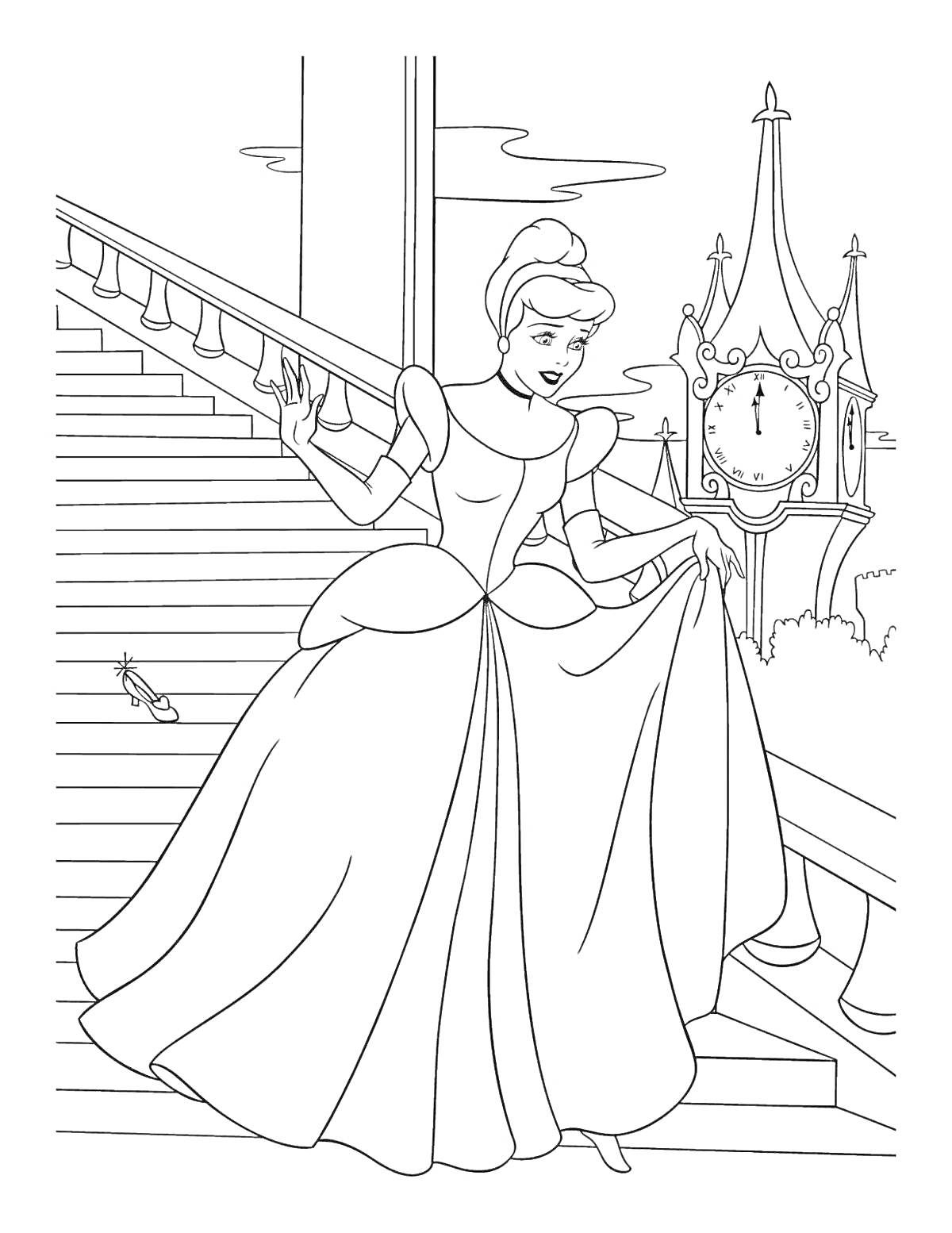 На раскраске изображено: Золушка, Лестница, Бал, Принцесса, Из сказок, Для детей