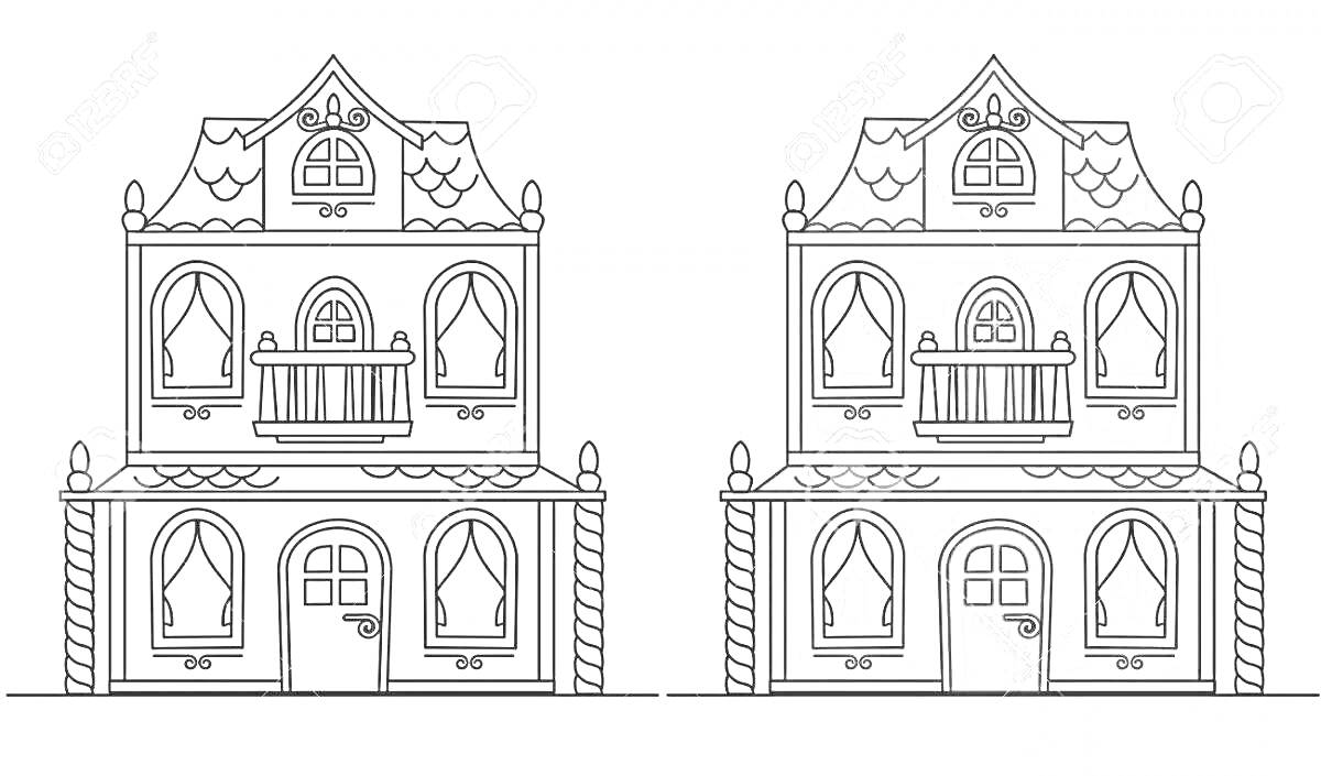 Раскраска Дом для кукол с балконом и окнами с занавесками