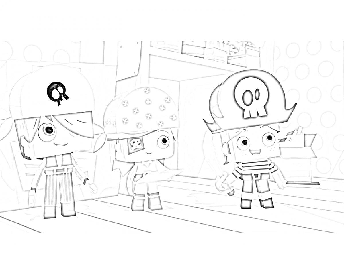 Раскраска Три пиратских персонажа в помещении с полкой и коробками