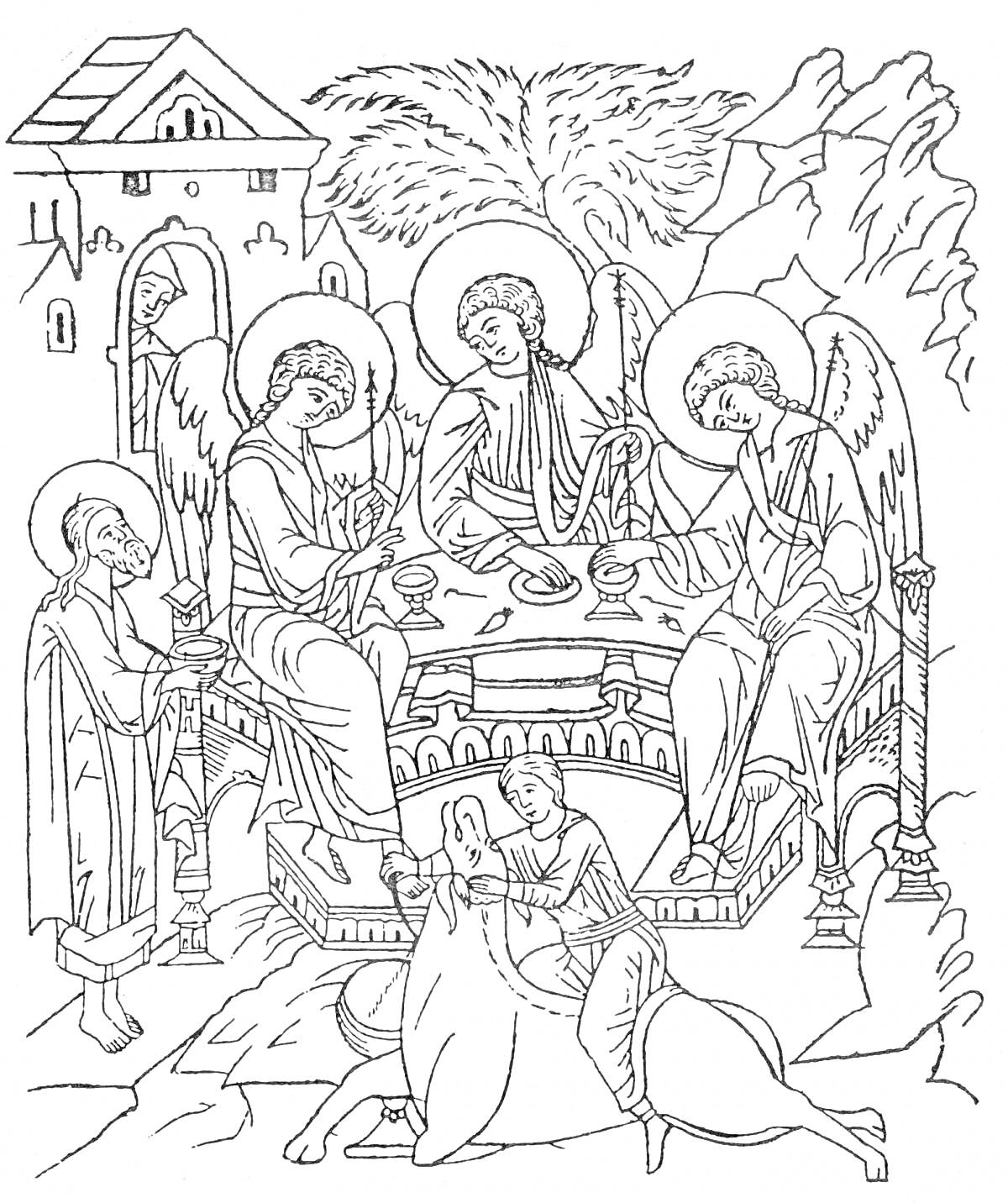 Раскраска Троица с тремя ангелами, деревом, Богородицей и коровой на фоне дома и гор