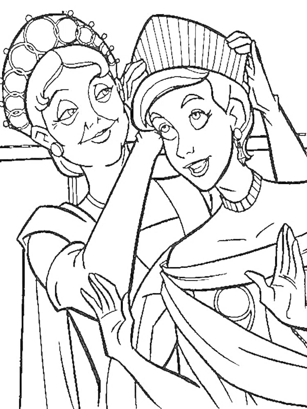 Раскраска Женщина в короне помогает девушке с ювелирным головным убором и нарядом