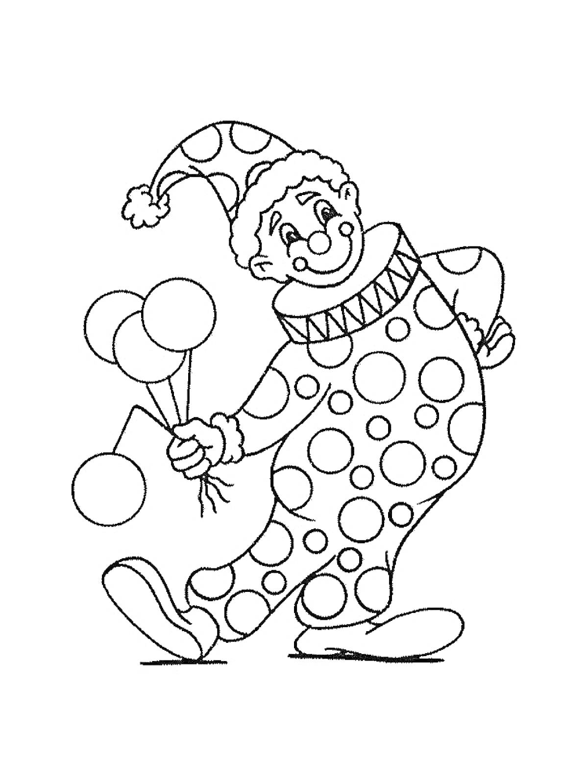На раскраске изображено: Воздушные шары, Костюм, Веселье, Клоуны, Колпаки, Смайлы