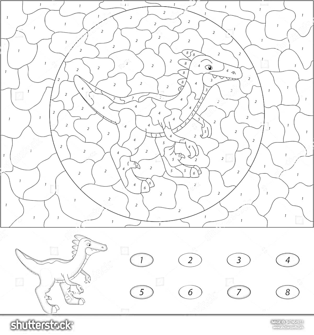 Раскраска Раскраска по номерам с изображением динозавра в круге и образцом раскрашенного динозавра
