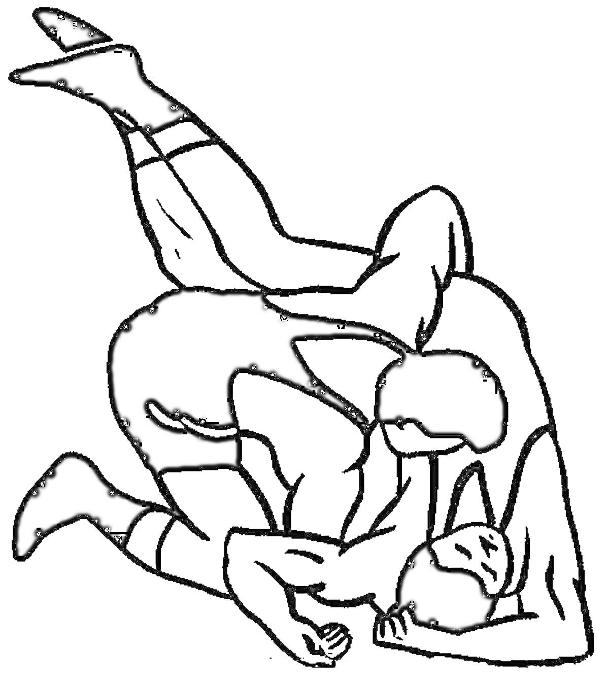 Раскраска Двое борцов в спортивной схватке на полу