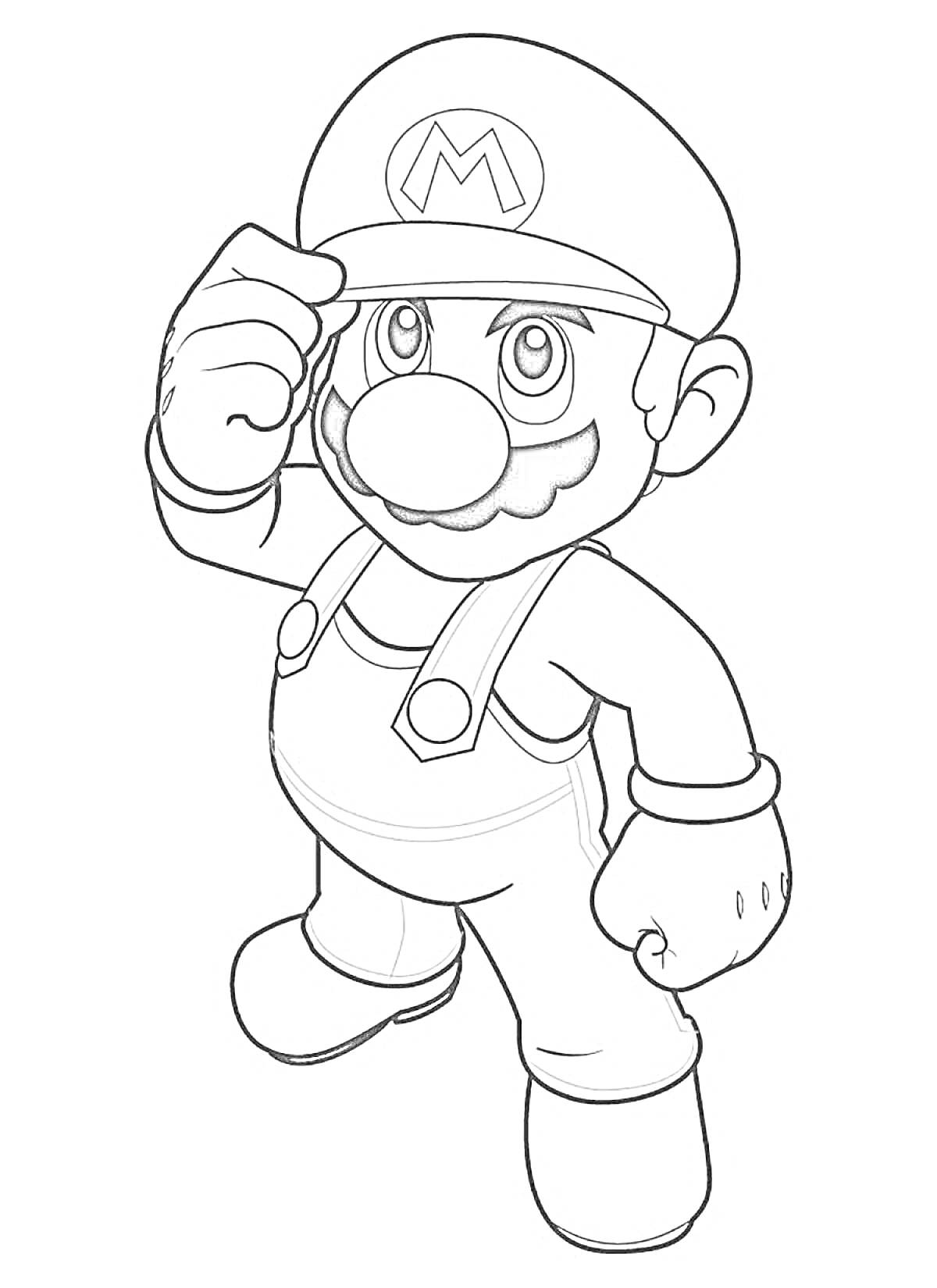Раскраска Марио в кепке, поднимающий руку, в комбинезоне и перчатках, с поднятой головой