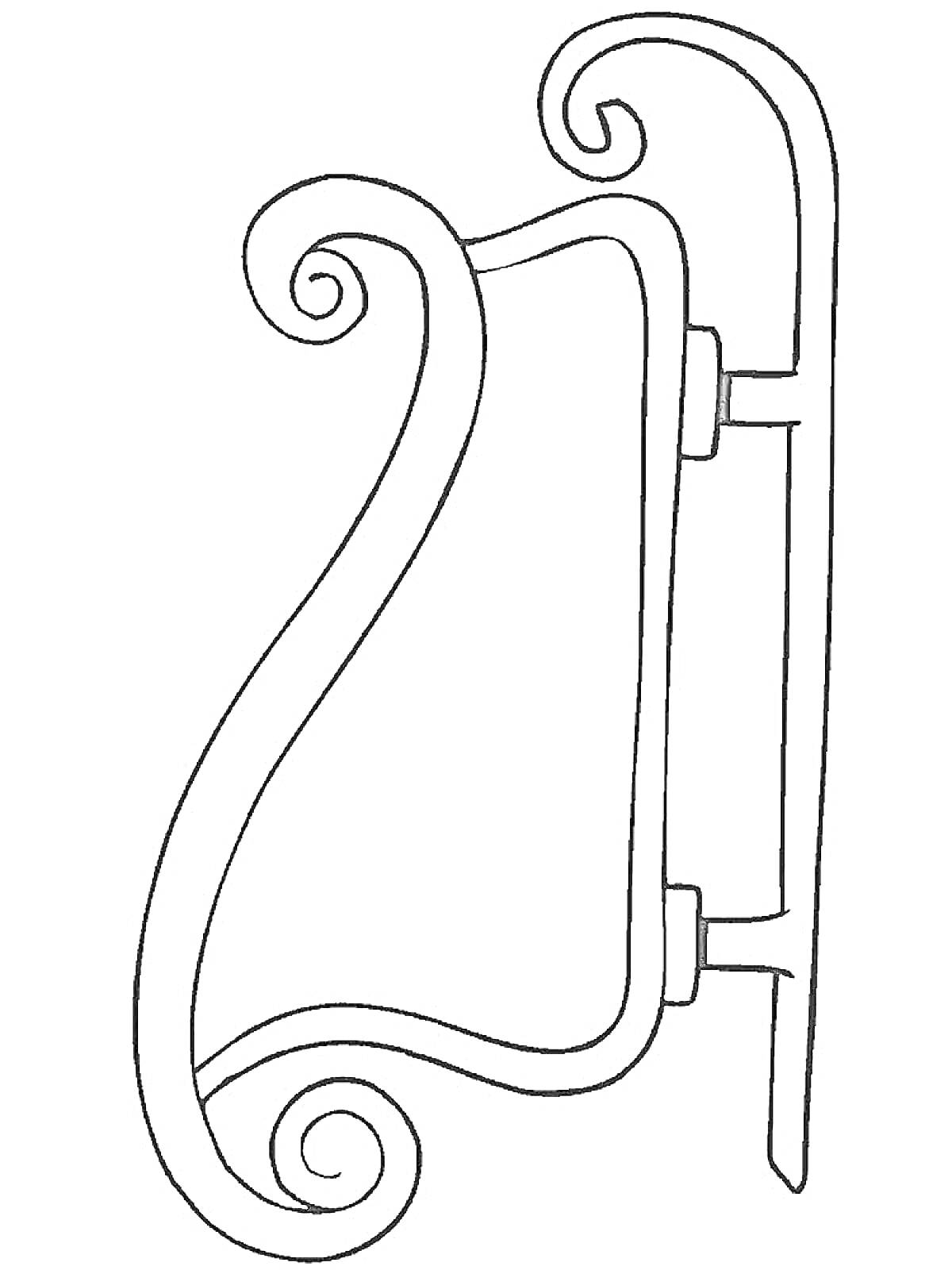 На раскраске изображено: Сани, Спинка, Завитки, Зима, Катание, Снег, Транспорт