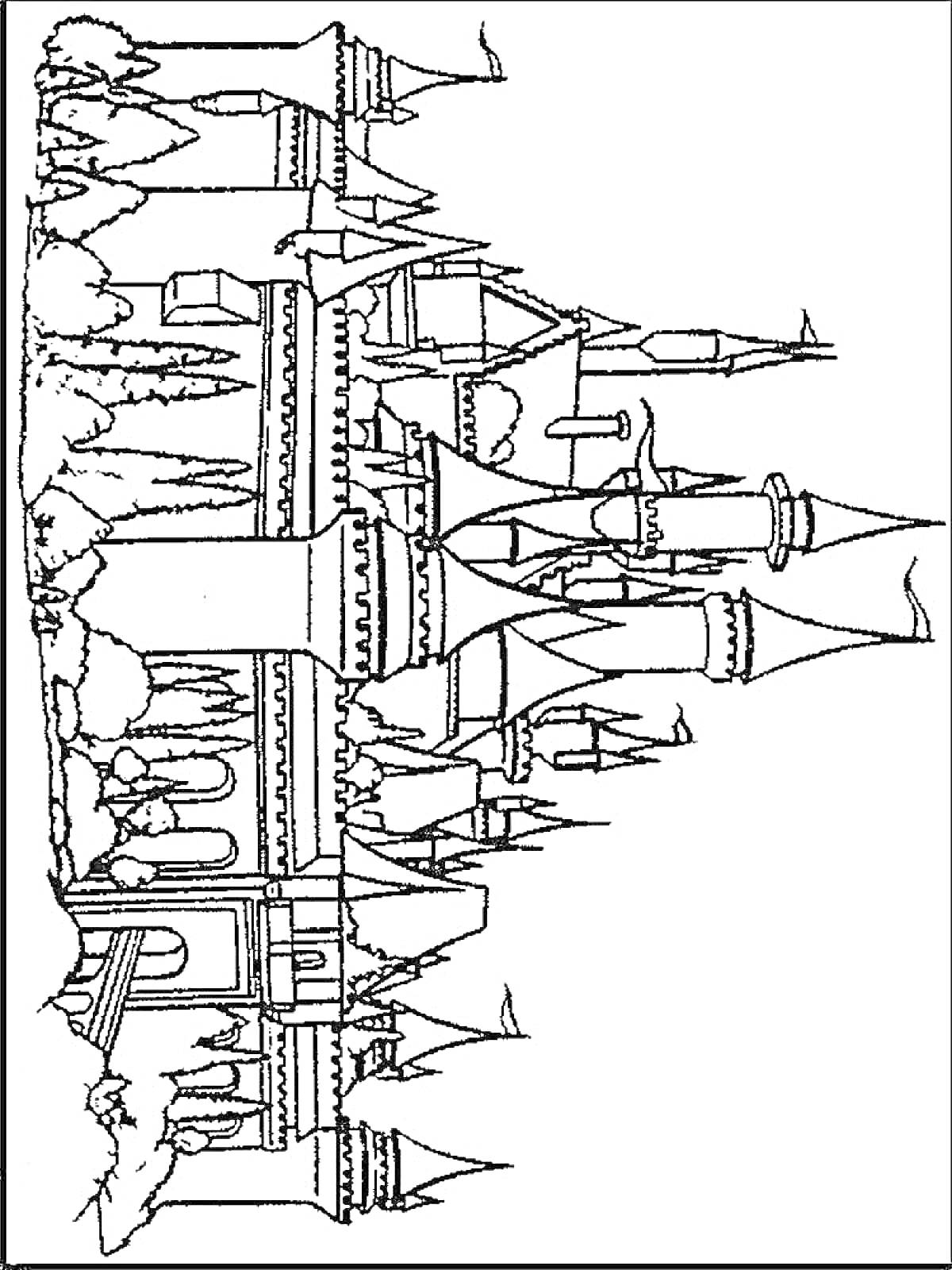Раскраска Замок с башнями, арками и деревьями на фоне