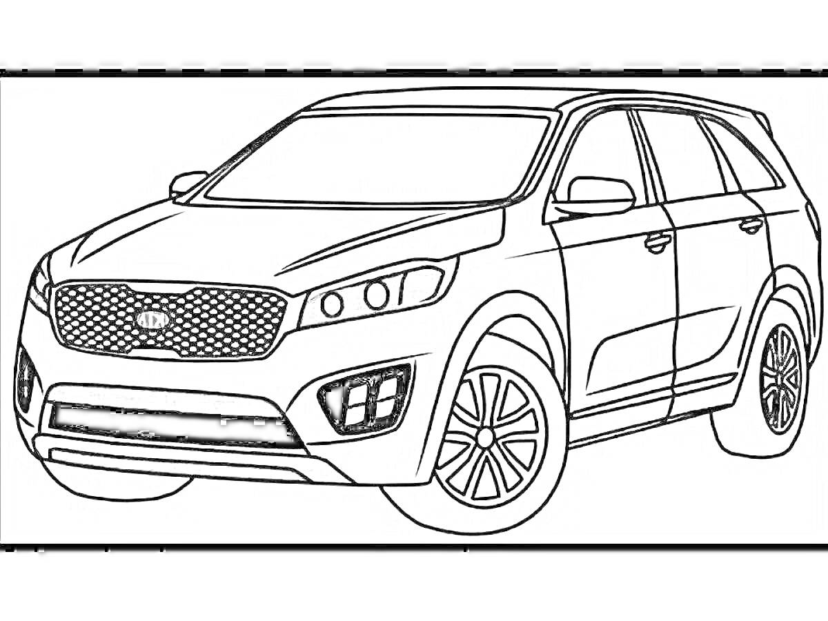 На раскраске изображено: KIA, SUV, Транспорт, Автомобильный дизайн, Фары, Колёса