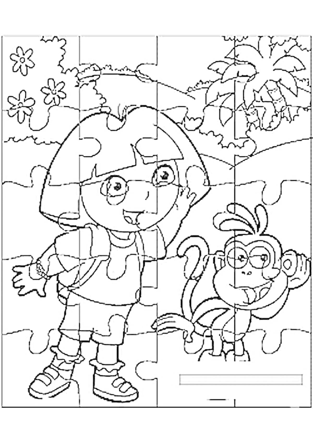 Раскраска Девочка с рюкзаком и обезьянка на фоне леса