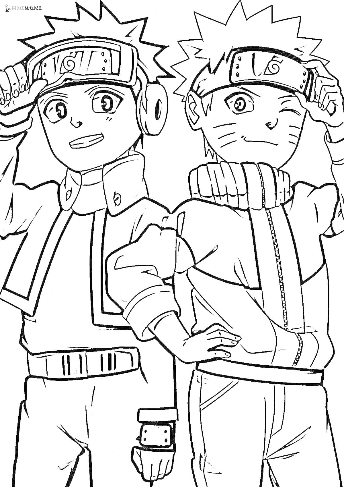 Раскраска Двое персонажей Наруто с повязками на лбу