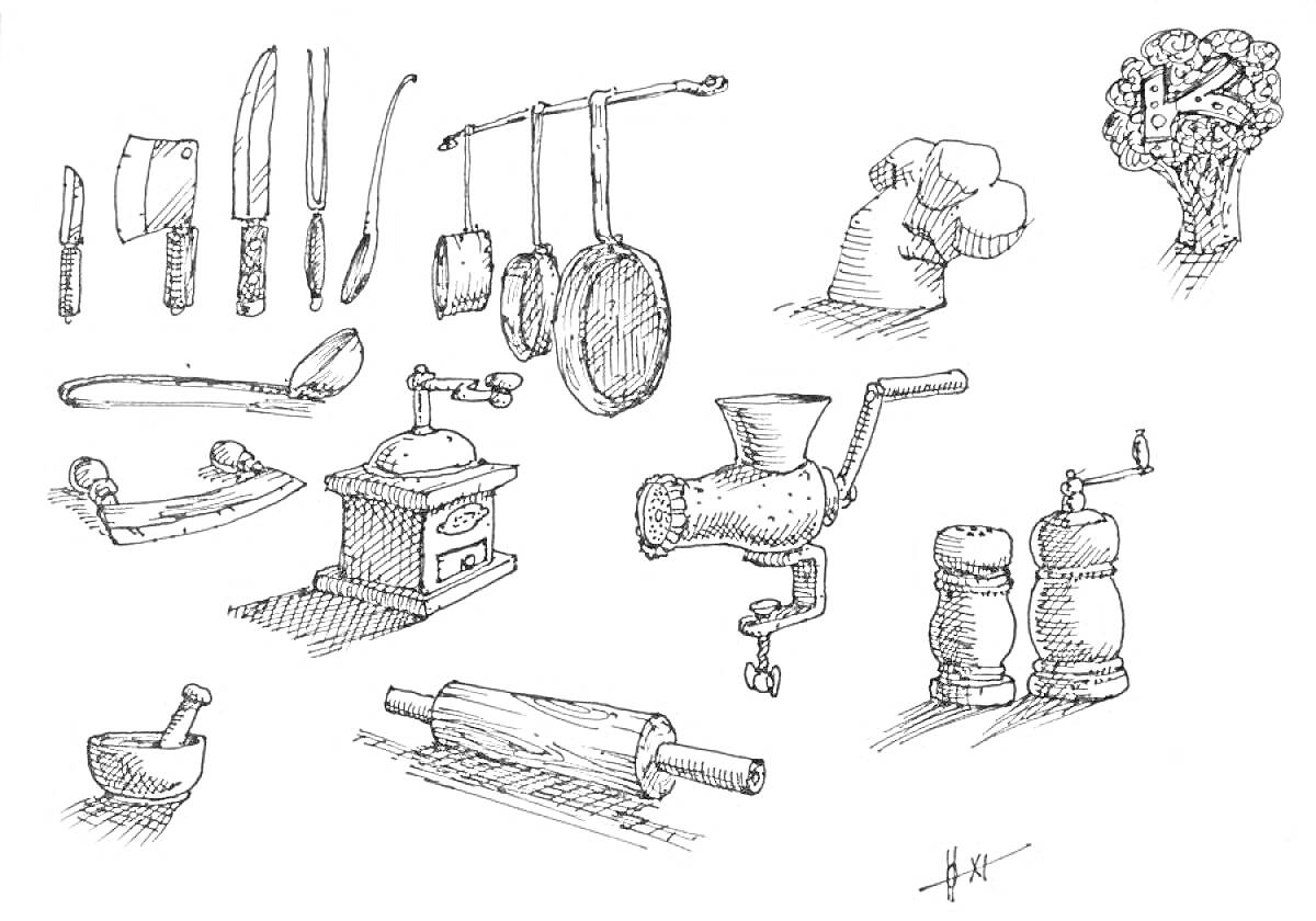 Раскраска Кухонные предметы: ножи, поварешка, вилки, черпак, половник, сковороды, мельницы, механическая кофемолка, мясорубка, шапка-поваренка, кухонные часы, ступка и пестик, скалка.