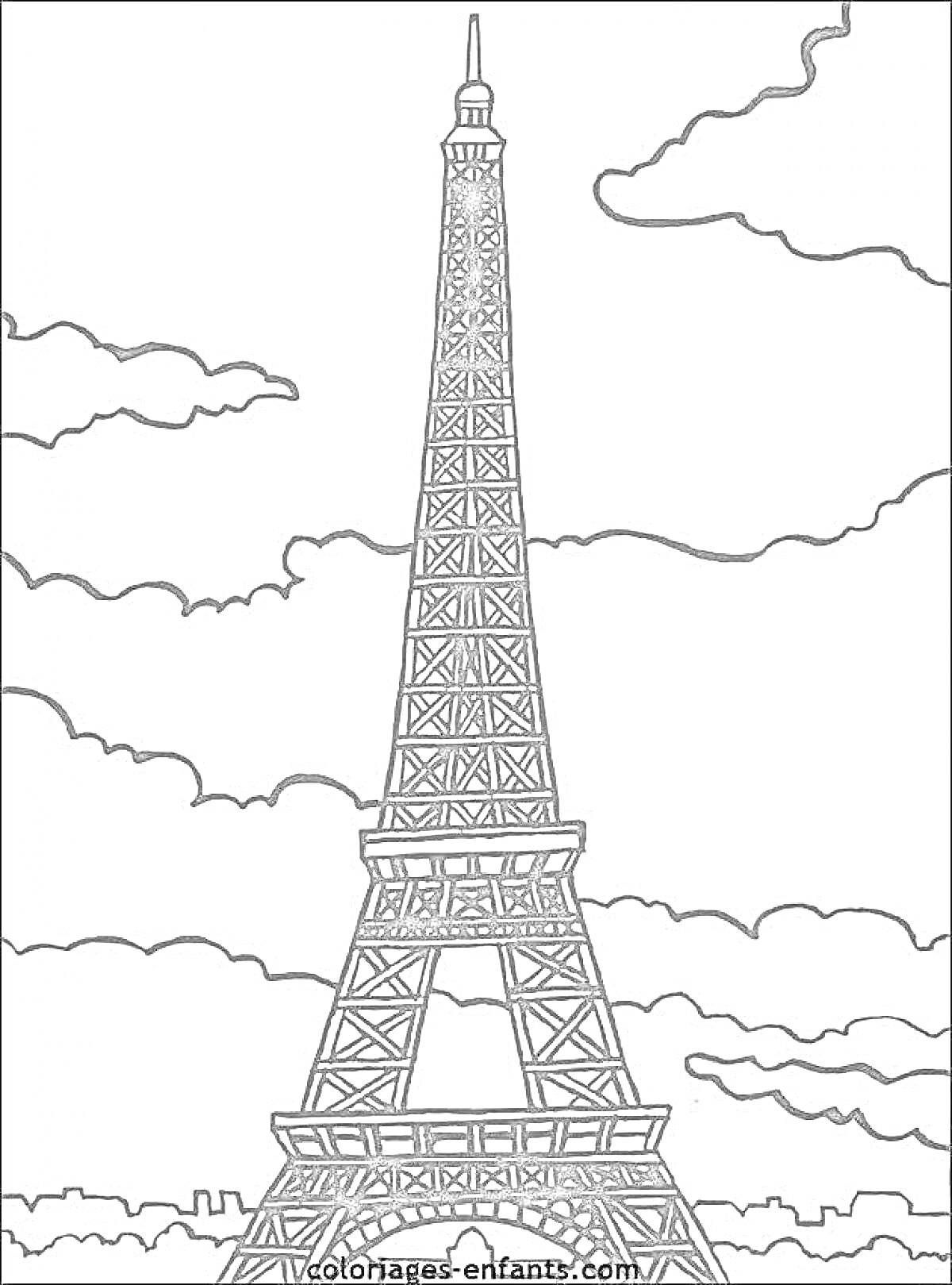 На раскраске изображено: Эйфелева башня, Париж, Архитектура, Облака, Франция, Небо