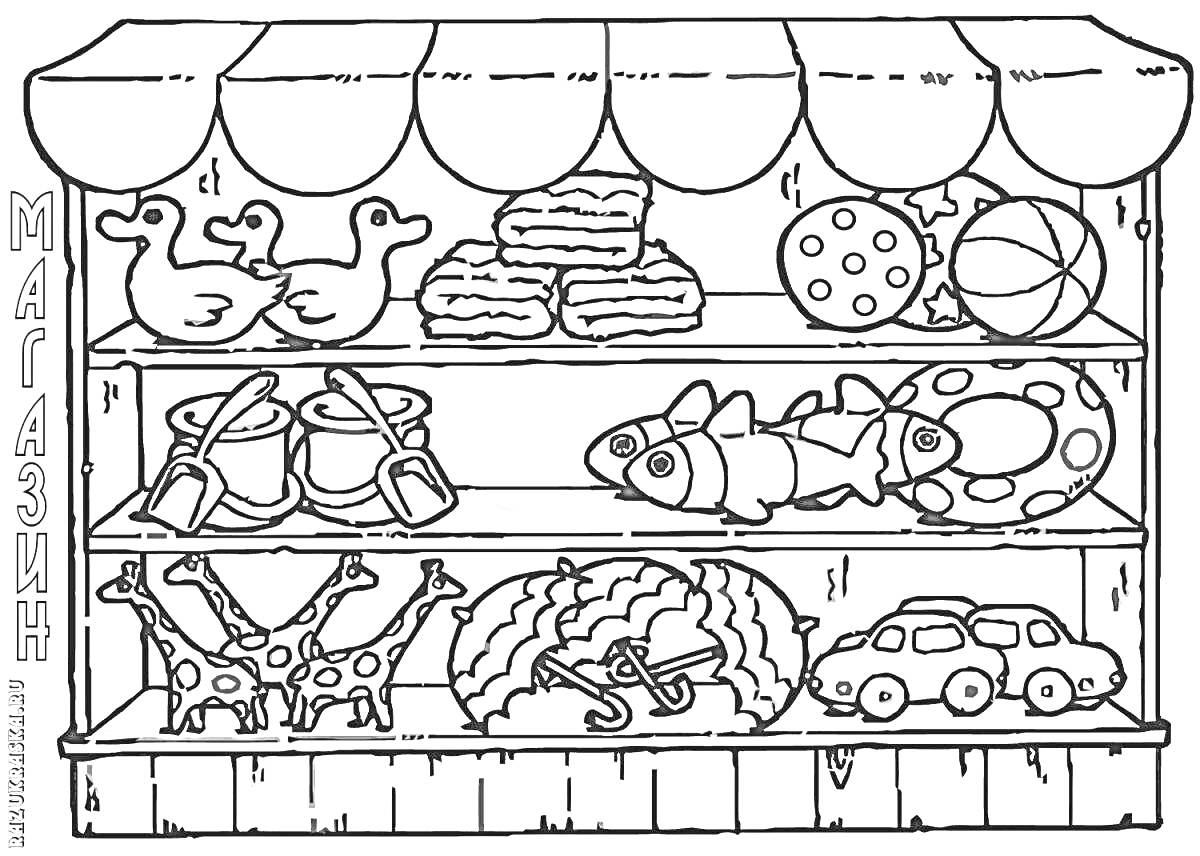 На раскраске изображено: Витрина, Игрушки, Мячи, Воздушные змеи