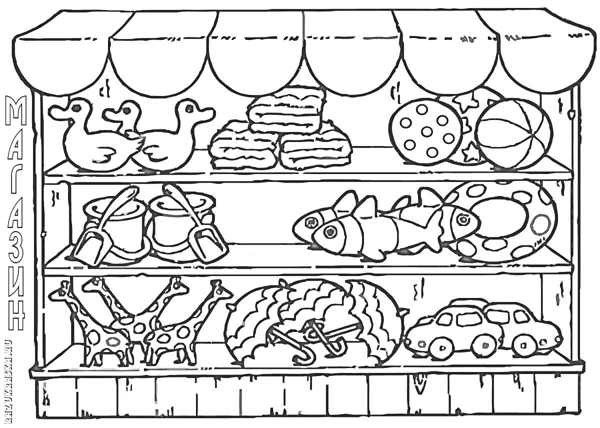Раскраска Витрина интернет магазина с игрушками: утки, полотенца, мячи, замки для песка, рыбы, батуты, воздушные змеи, машинки