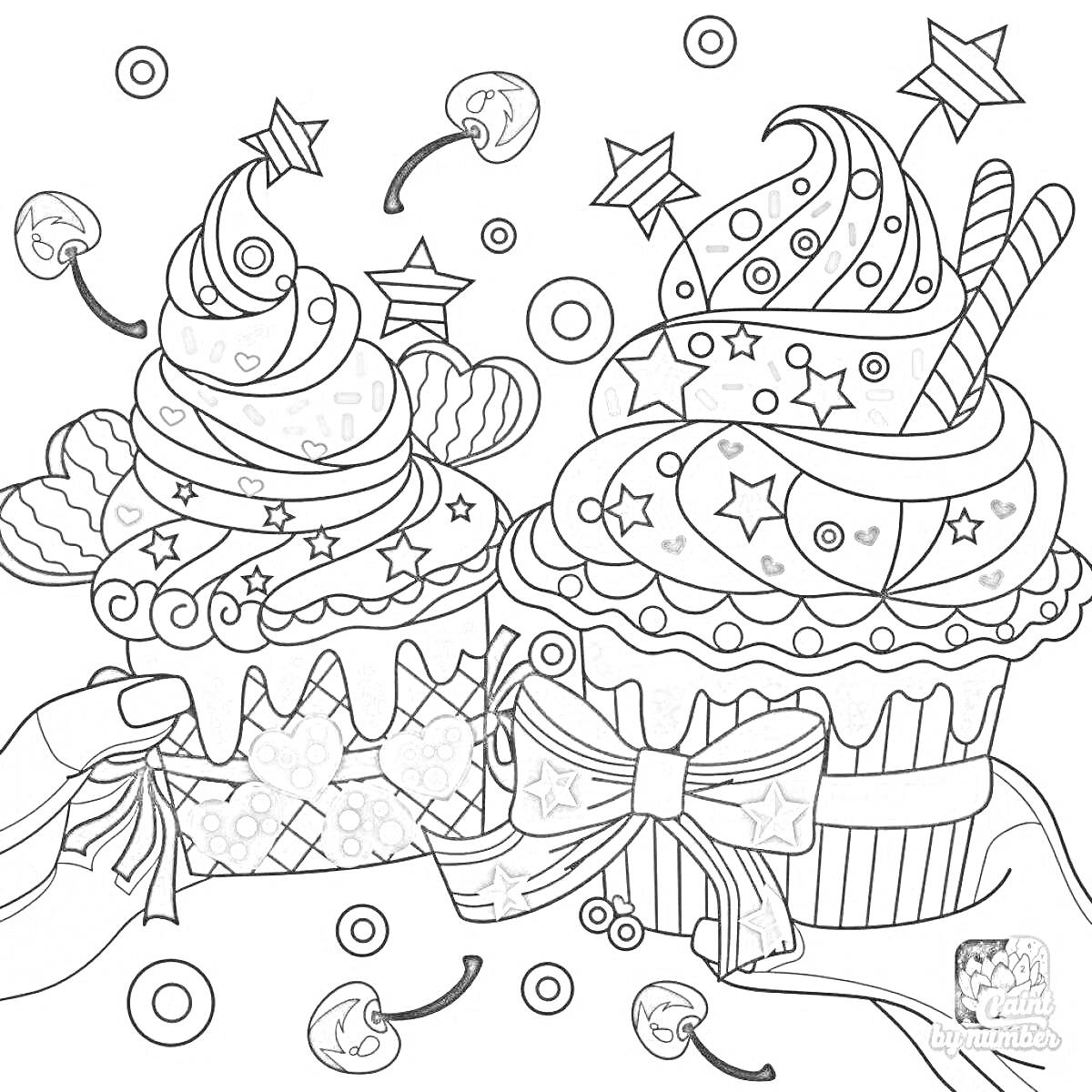 Раскраска Кексы с кремом, звездочками, конфетами и бантом