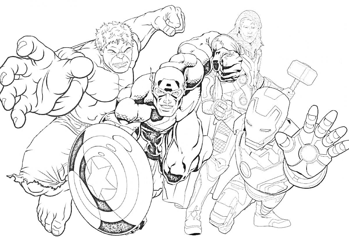 На раскраске изображено: Мстители, Халк, Капитан америка, Тор, Железный человек, Супергерои, Комиксы