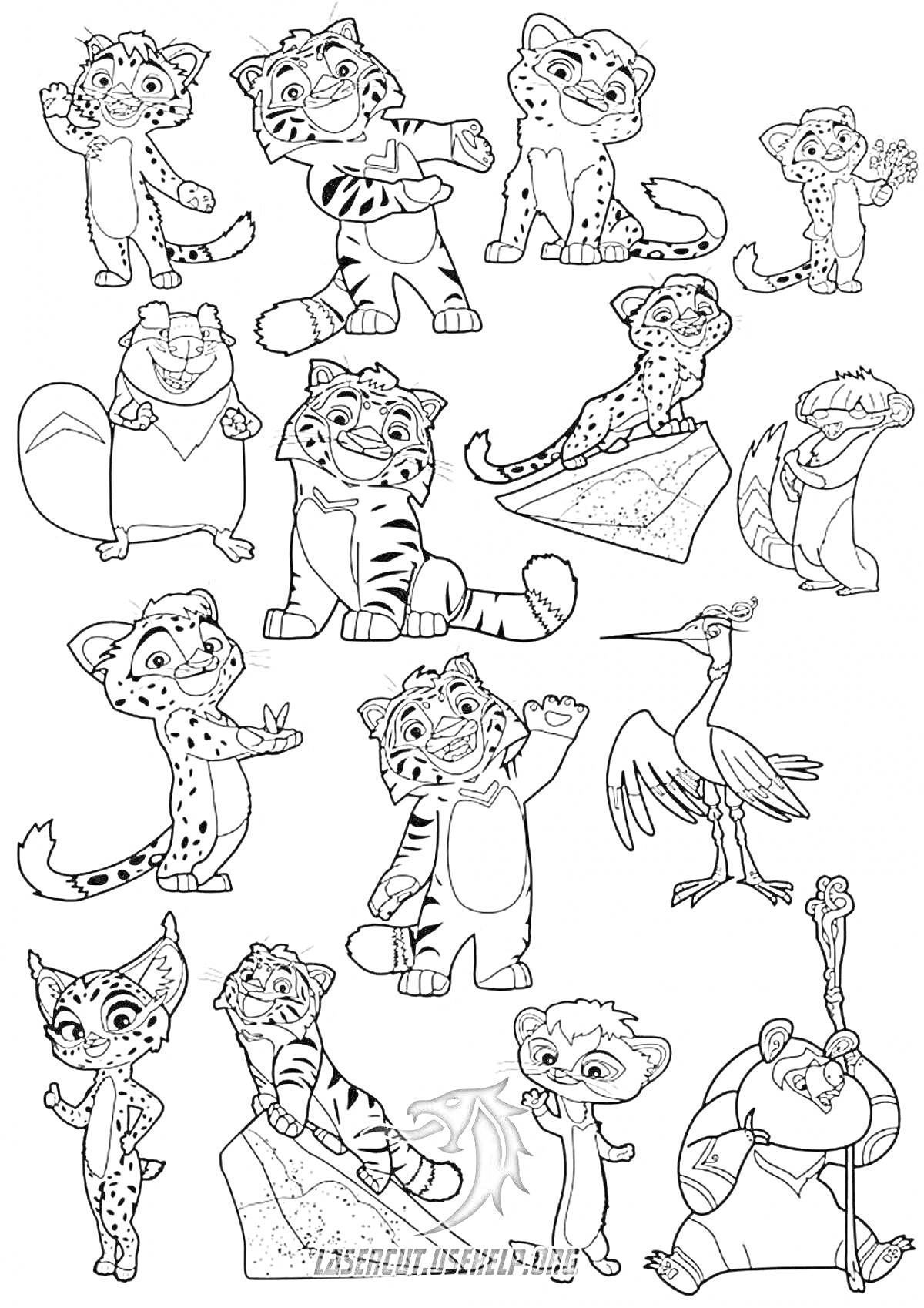 На раскраске изображено: Тигр, Леопард, Животные, Большие кошки, Журавль, Цветная книжка, Улыбка, Сидение, Пятна, Усы