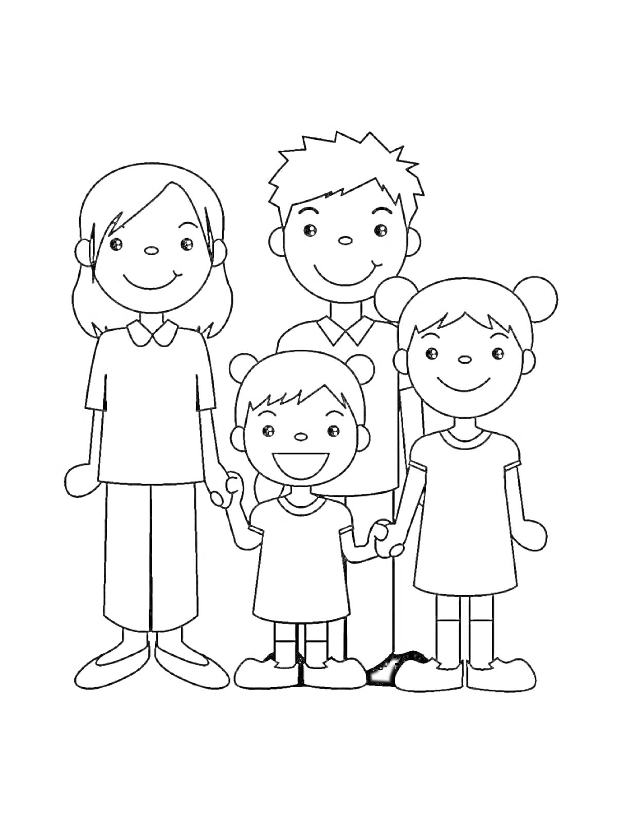 Раскраска Семья из четырёх человек (мама, папа, две дочери) держатся за руки