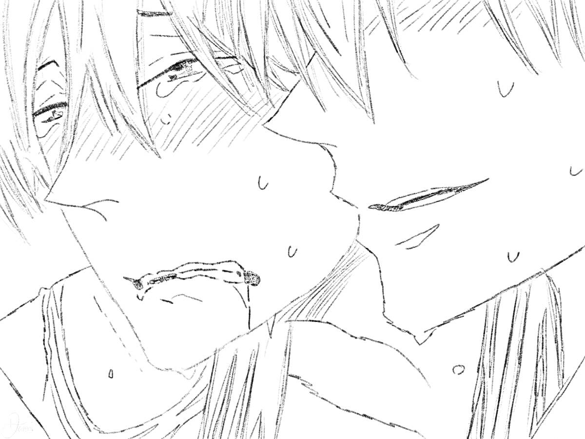 Раскраска Два молодые мужчины с мокрыми от пота лицами, один из них с кровью изо рта