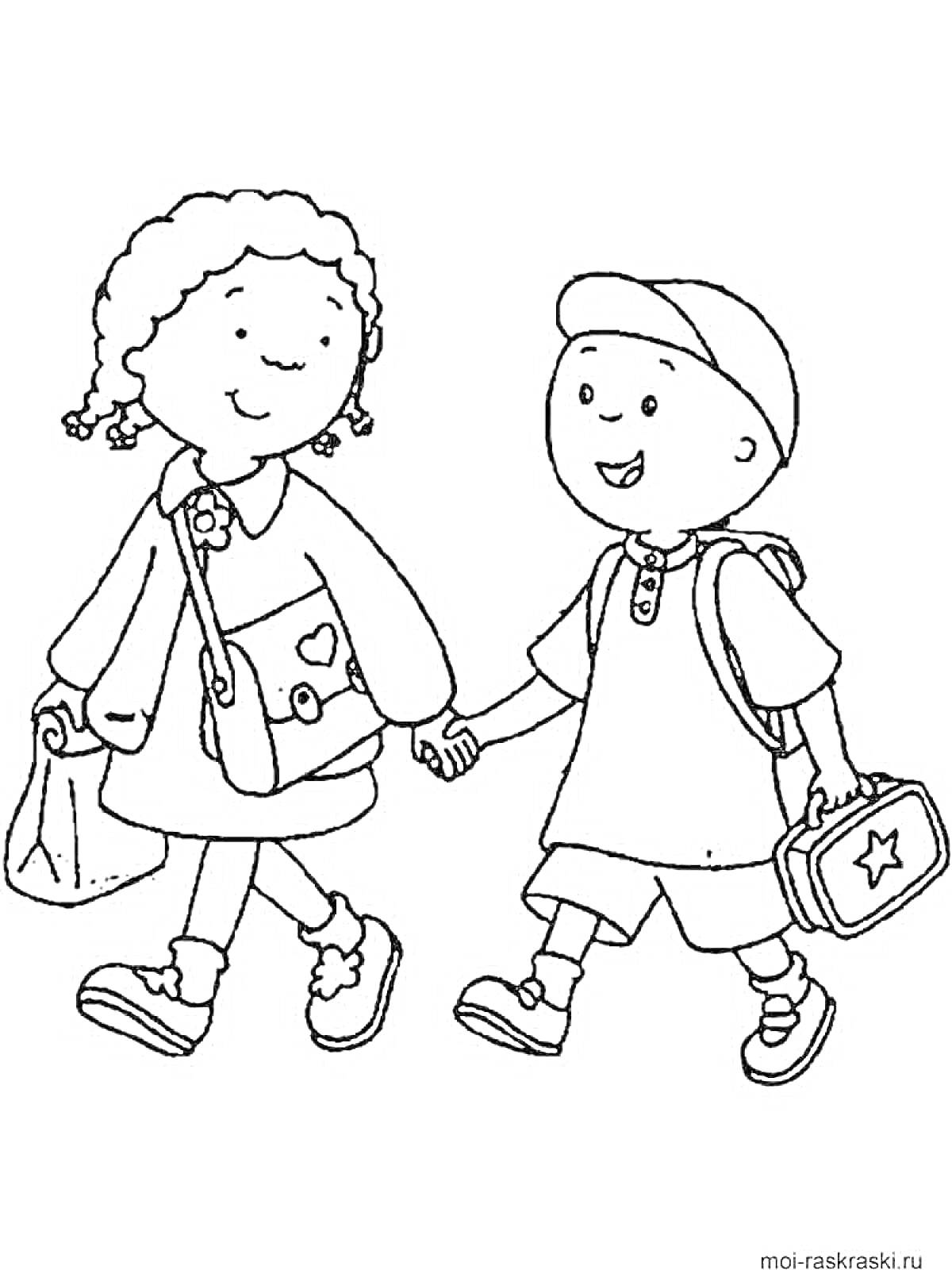 На раскраске изображено: Школа, Школьная сумка, Учебные принадлежности, Мальчик, Девочка, Друзья, Для детей, Рюкзак