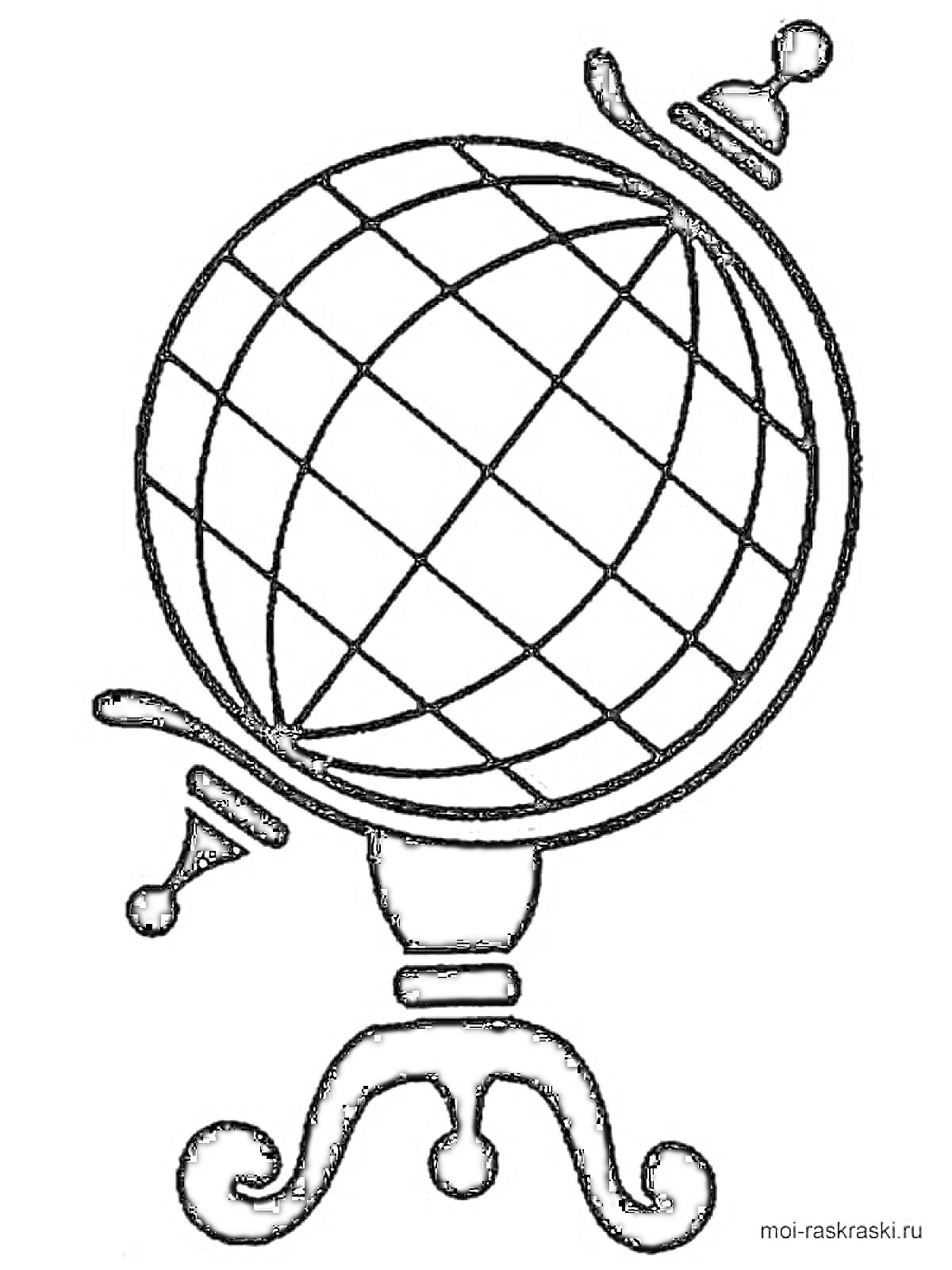 На раскраске изображено: Глобус, Подставка, География, Земля, Сетка, Обучение, Для детей, Круги