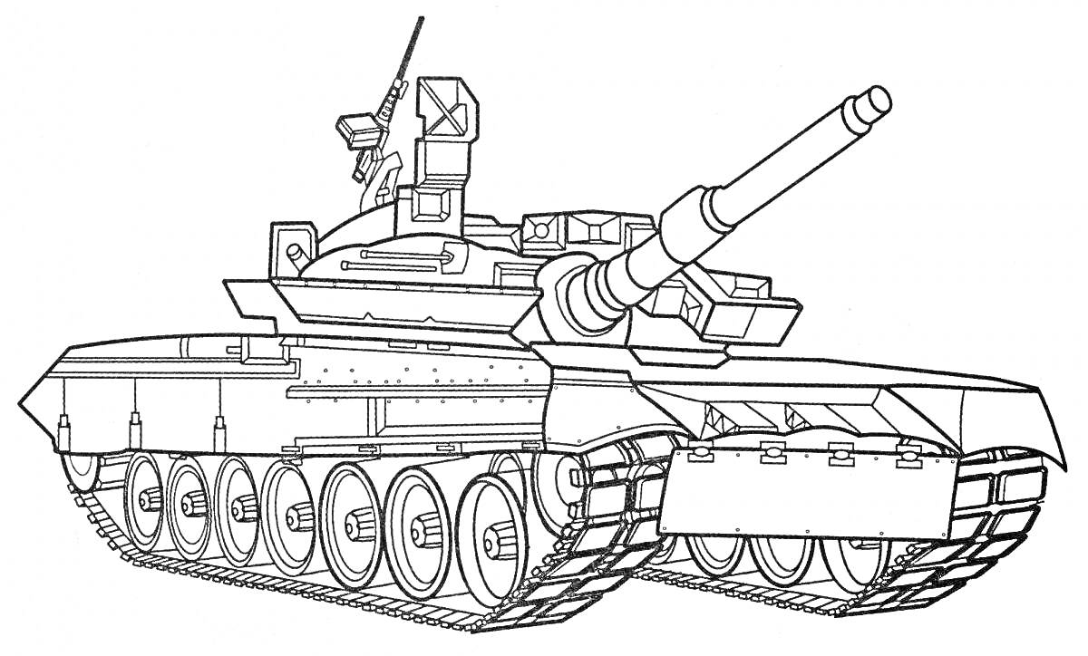 На раскраске изображено: Танк, Т-72, Военная техника, Оружие, Гусеницы, Орудие, Бронетехника
