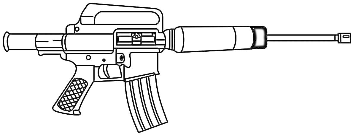Раскраска Автомат с прикладом, магазином, и глушителем