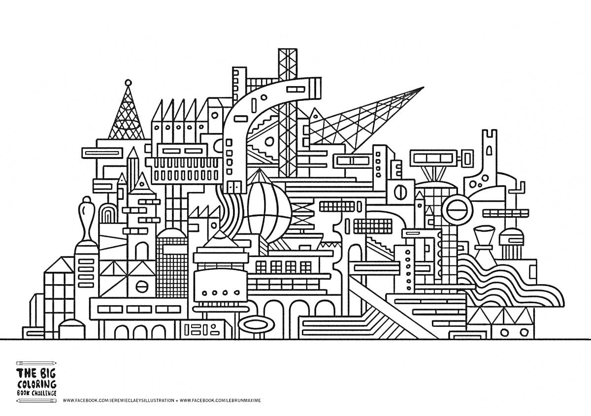 Раскраска Город будущего с фантастическими зданиями, башнями, антеннами, лестницами и куполами