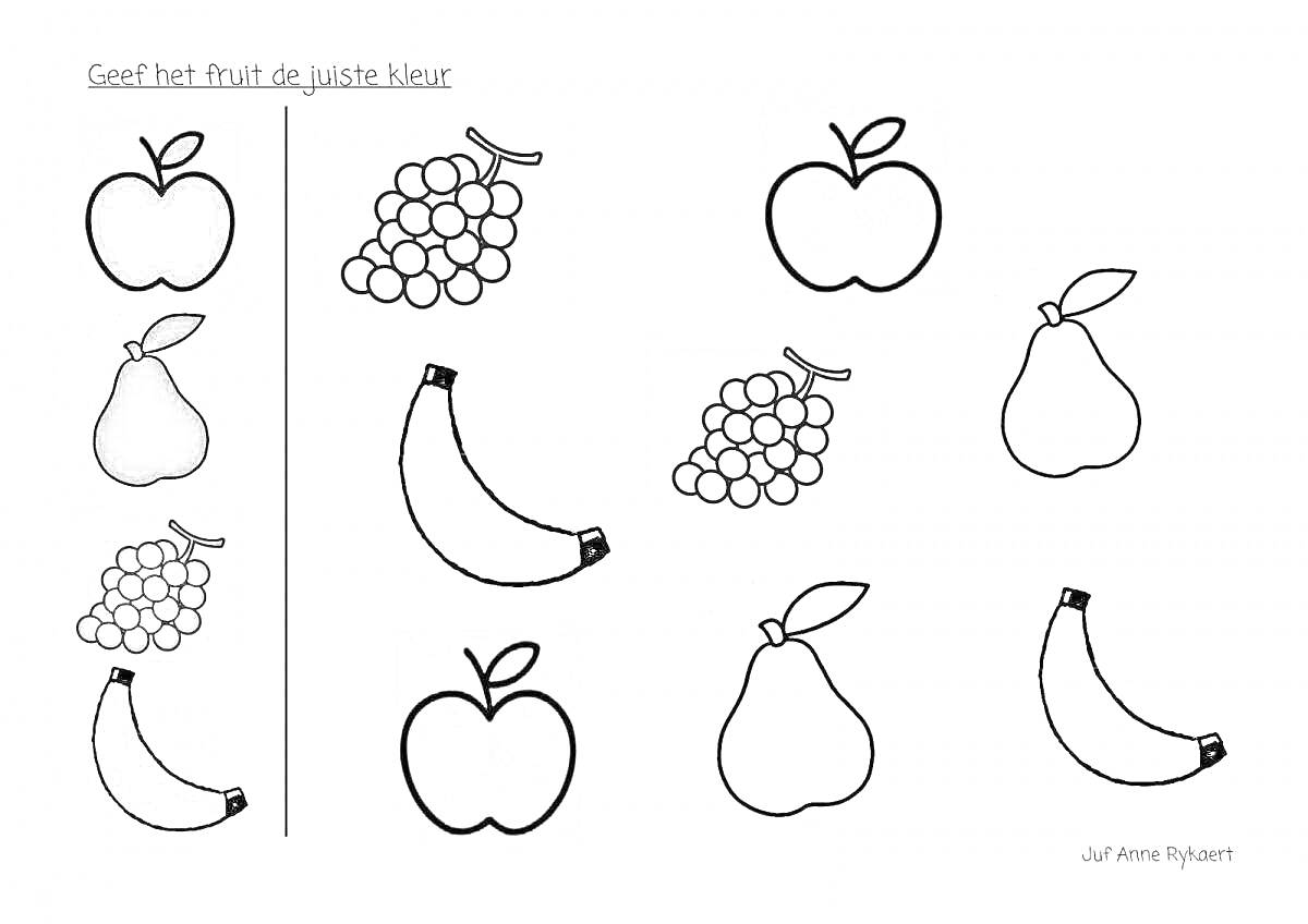 Раскраска с фруктами: яблоко, груша, виноград, банан