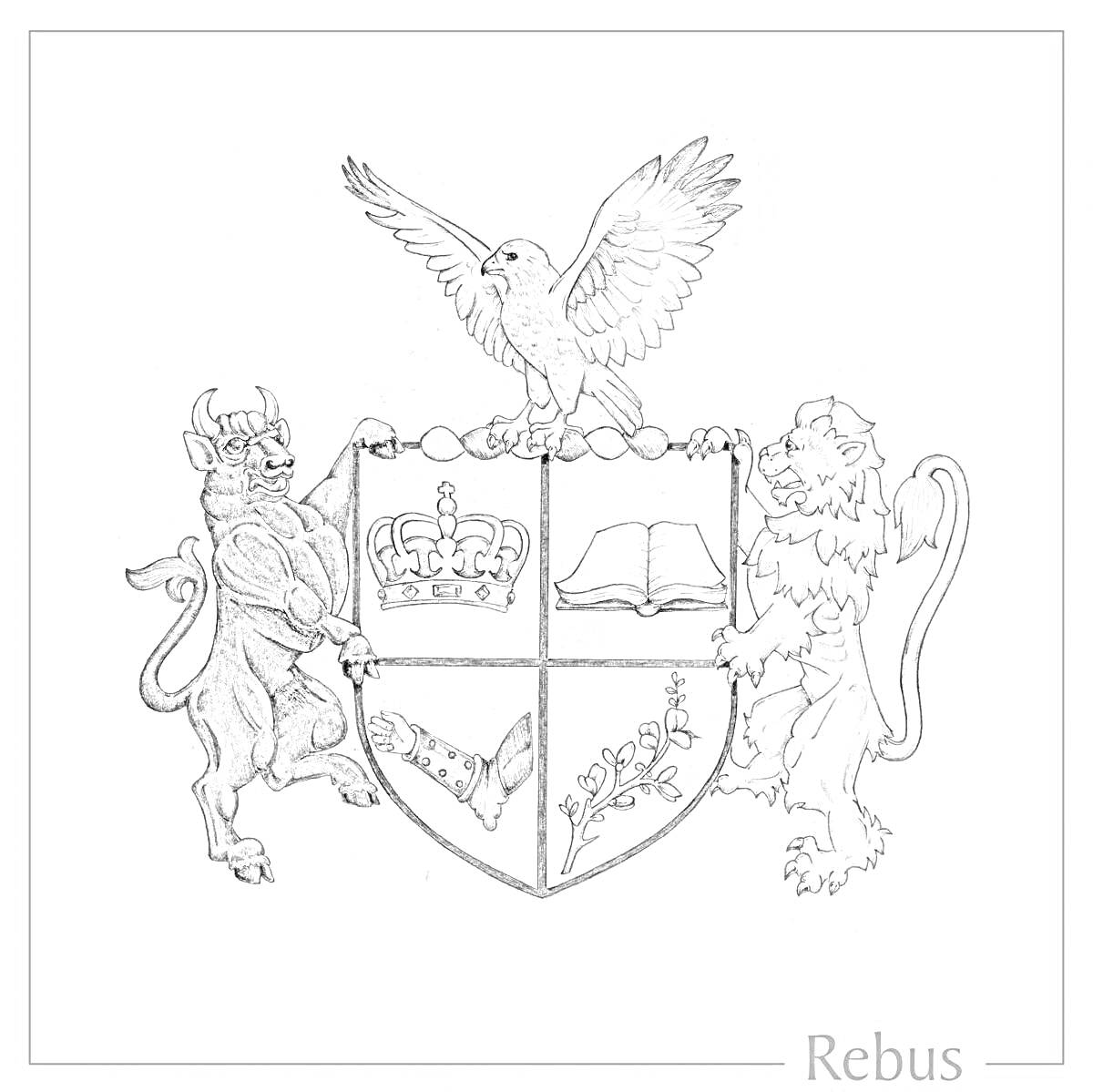 На раскраске изображено: Семейный герб, Бык, Корона, Книга, Орел, Лев, Символы