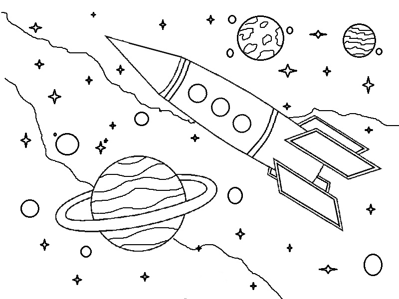 Раскраска Ракета в космосе с планетами, звездами и метеоритами