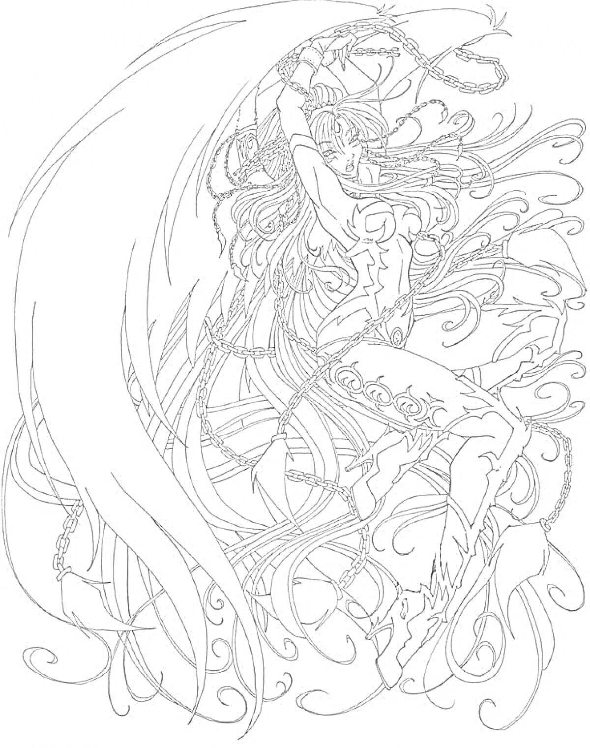Раскраска Аниме девушка с длинными волосами и мечом в танцевальной позе, окруженная волнистыми узорами