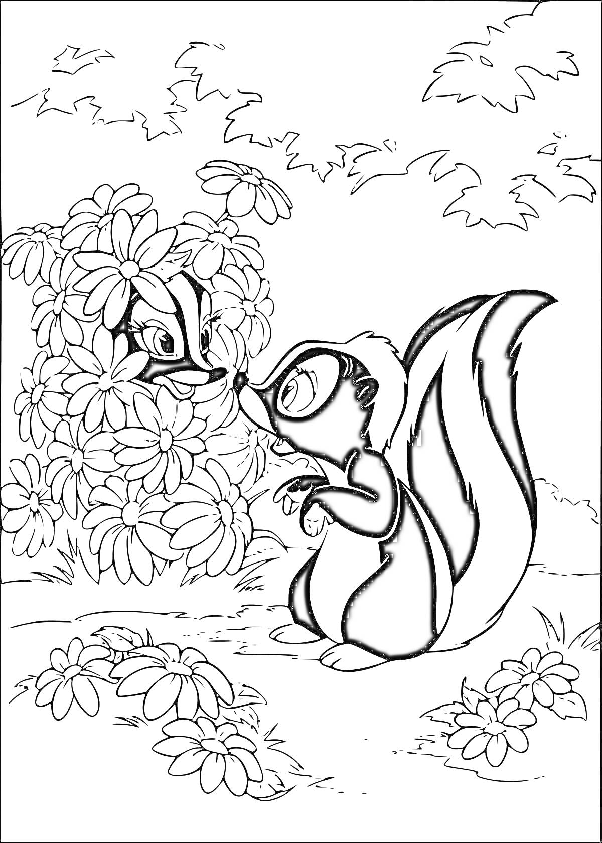 Раскраска Скунсы среди цветов под кустом на поляне