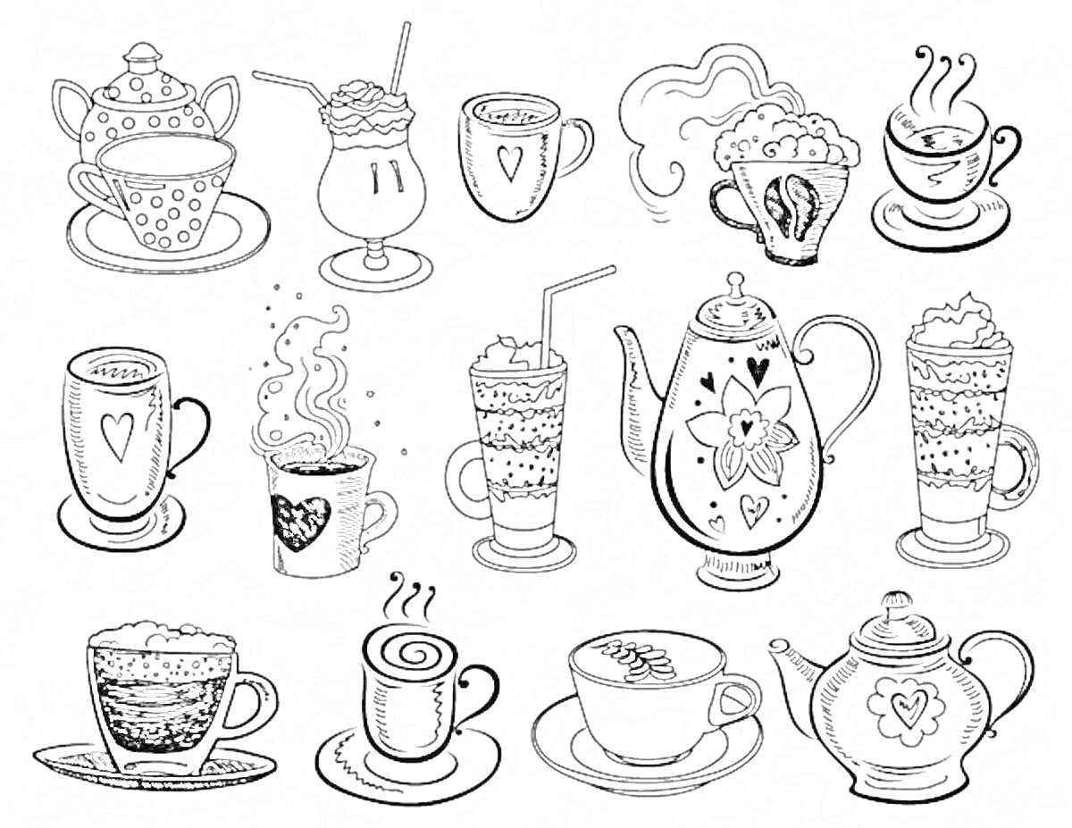 На раскраске изображено: Кофе, Чайники, Кружки, Узоры, Трубочки, Чай, Пар
