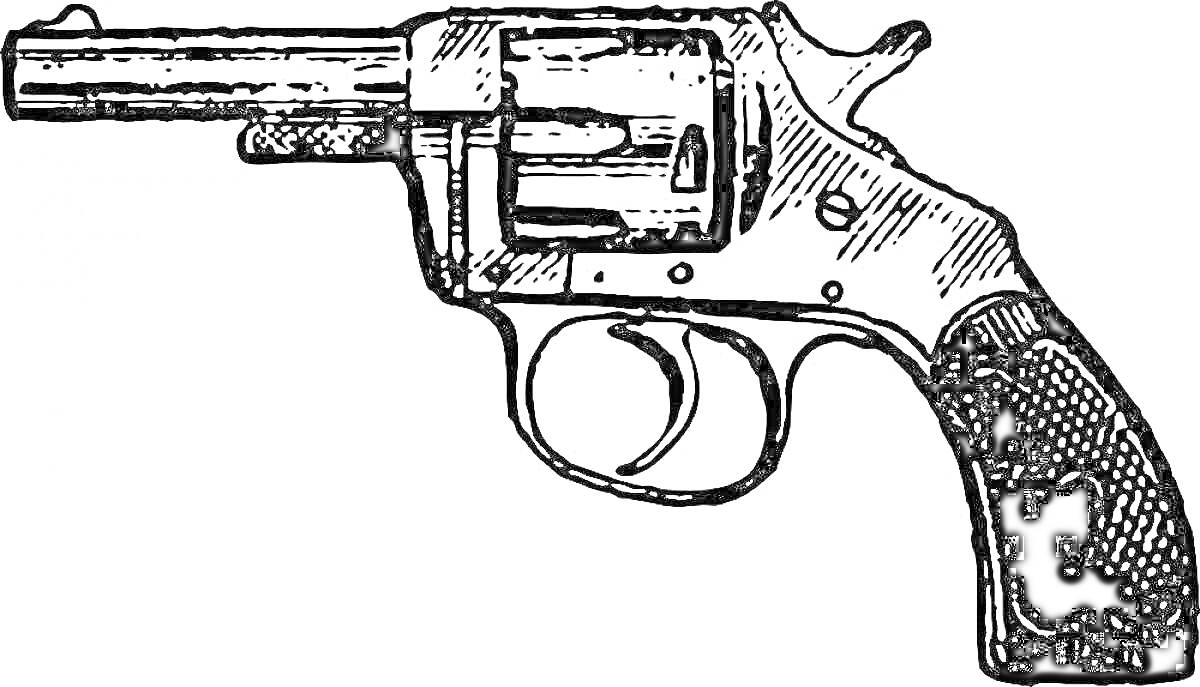 На раскраске изображено: Револьвер, Пистолет, Огнестрельное оружие, Барабан, Оружие, Рукоятка