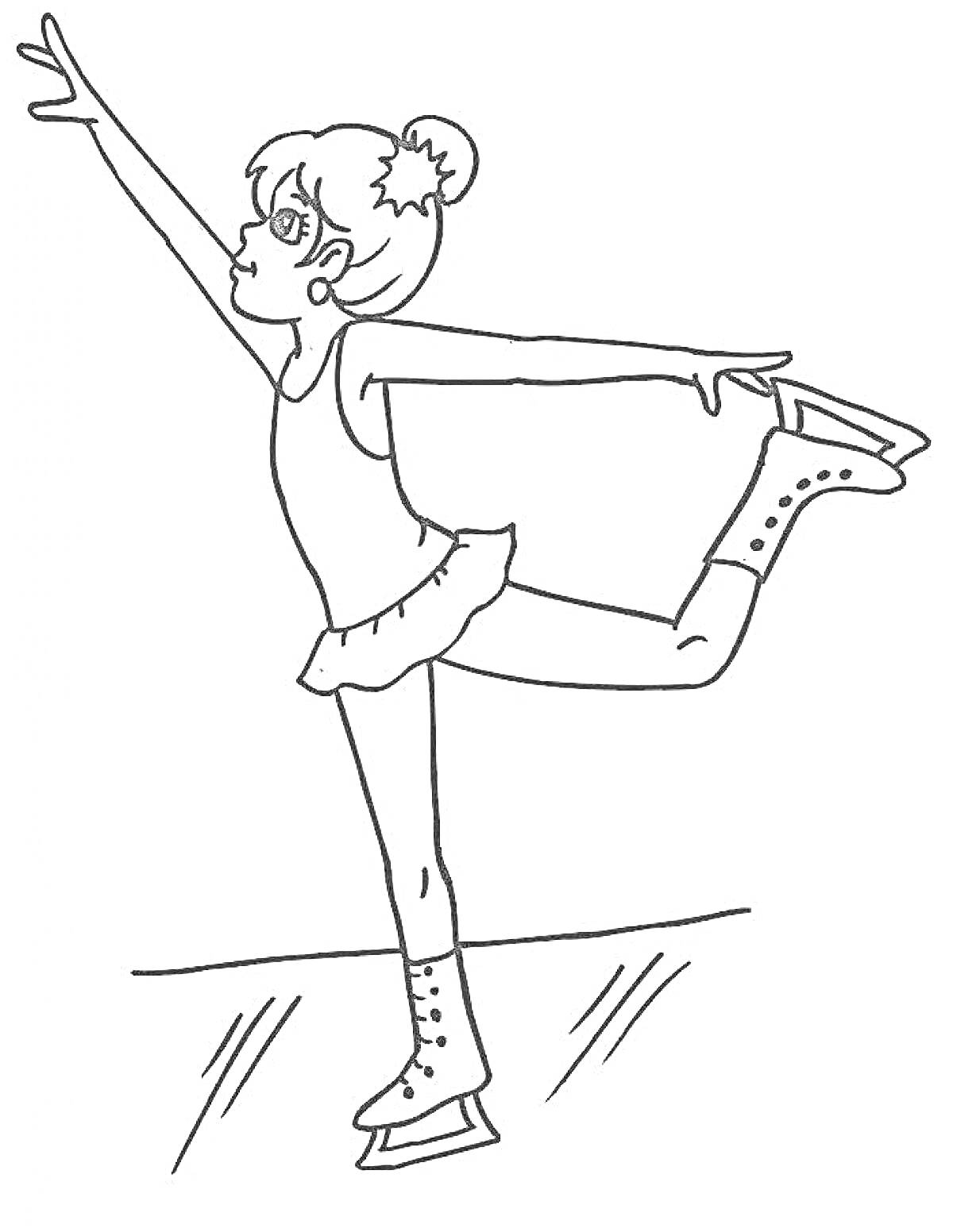 Раскраска Девочка в платье на коньках с поднятой рукой и одной ногой назад