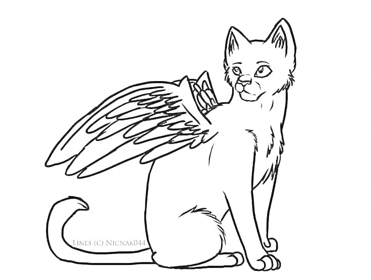 Раскраска Котик с крыльями сидящий