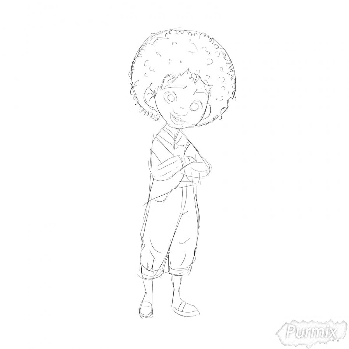 Раскраска Ребёнок с кудрявыми волосами в рубашке и брюках из мультфильма 