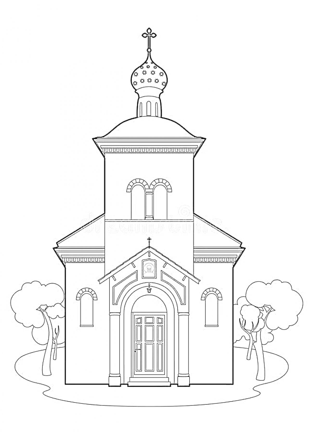 На раскраске изображено: Церковь, Крест, Дверь, Деревья, Архитектура, Религиозное здание