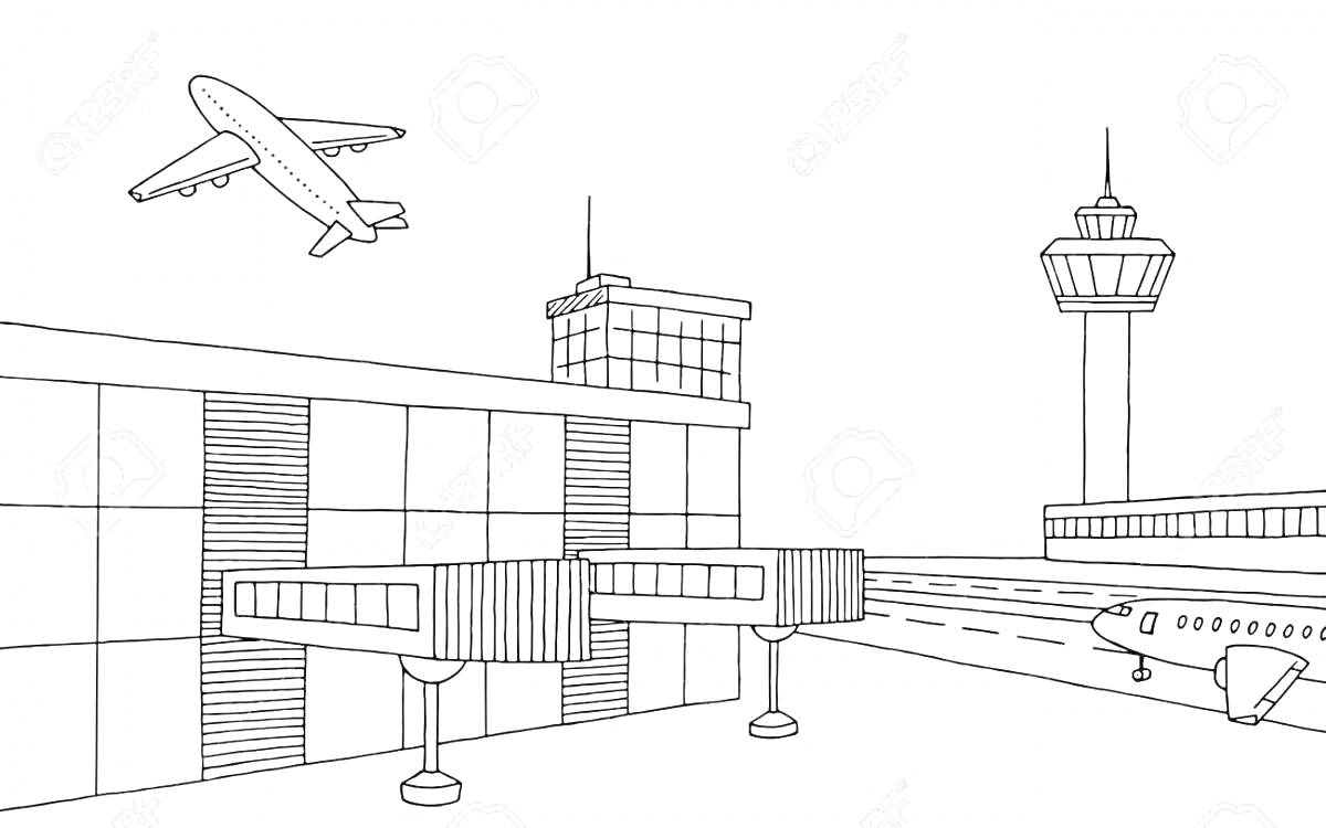 Раскраска Аэропорт с взлетающим самолетом, зданием терминала, телетрапами, рулежной дорожкой и диспетчерской башней